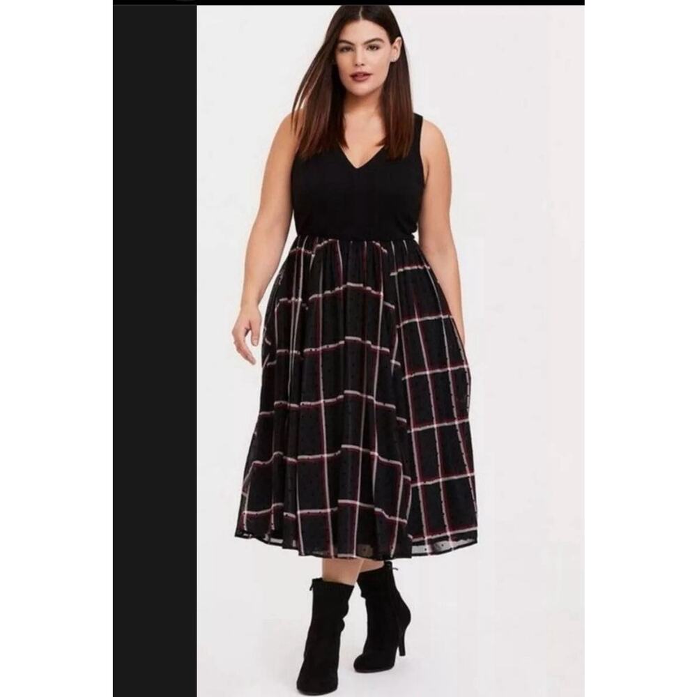 SOLD Torrid Midi Chiffon Skater Dress Sleeveless Mixed Media Plaid - Picture 1 of 1